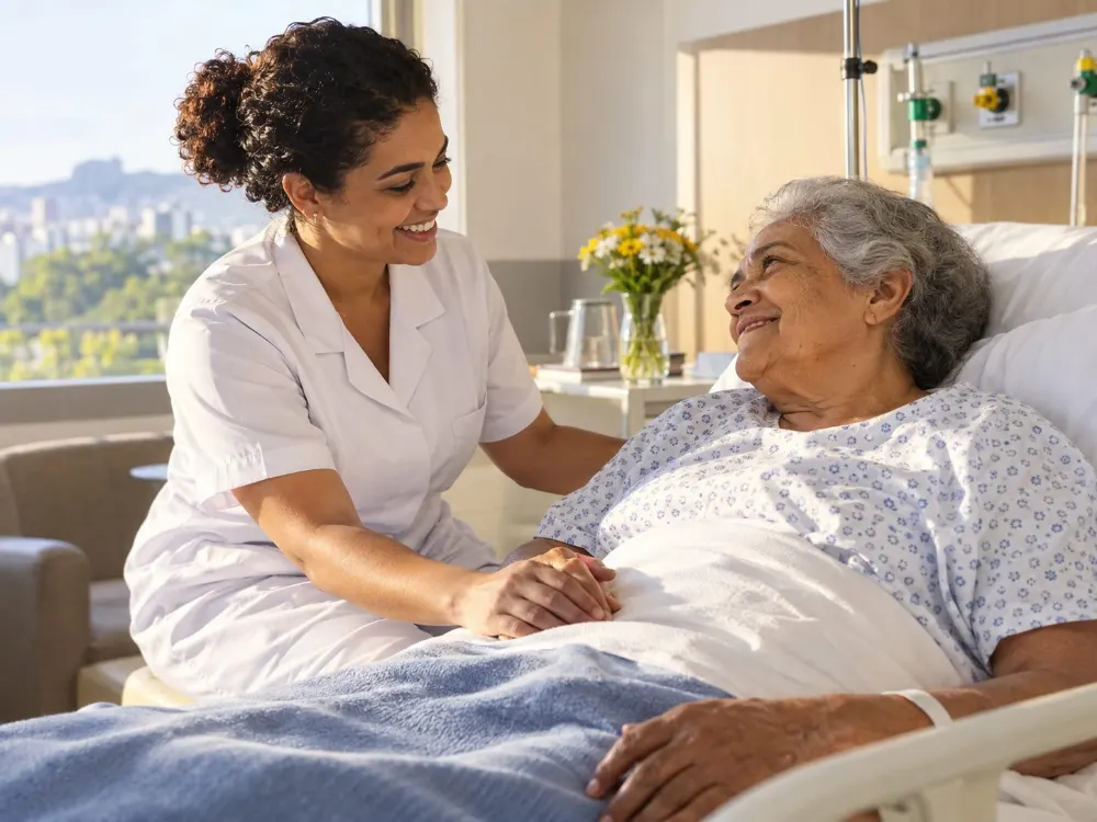 Cena ilustrativa de cuidadora acompanhando uma idosa em quarto de hospital